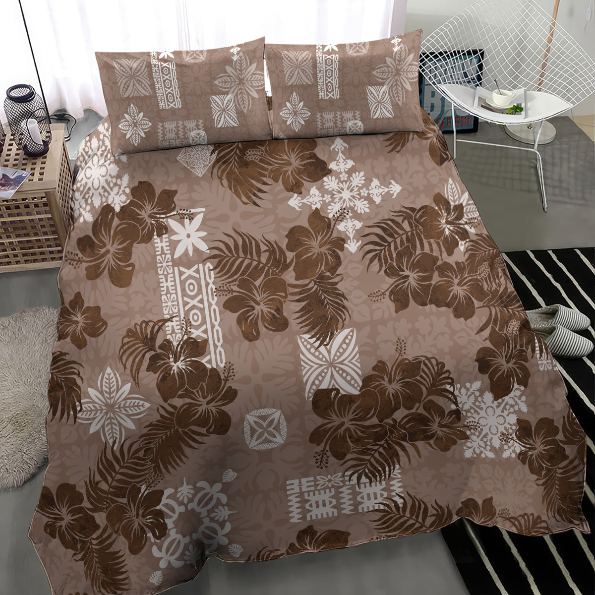 Vintage Hawaii Bedding Set Hibiscus Mix Hawaiian Quilt Patches - Brown LT7 - Polynesian Pride