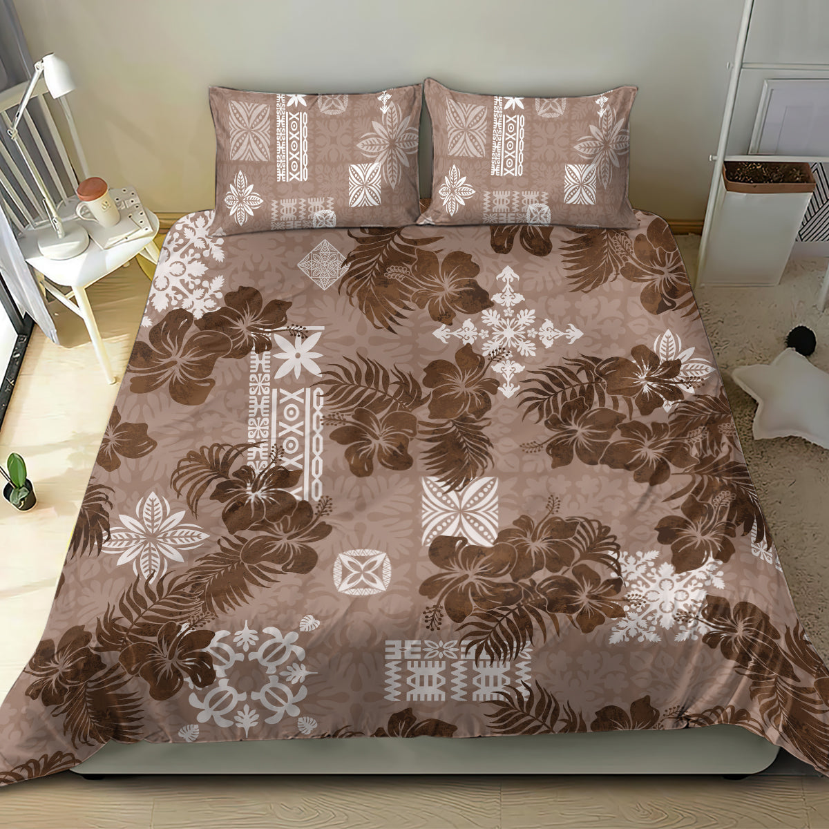Vintage Hawaii Bedding Set Hibiscus Mix Hawaiian Quilt Patches - Brown LT7 - Polynesian Pride