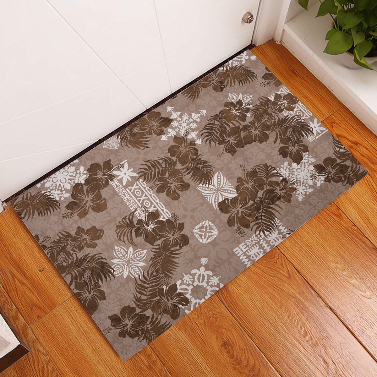 Vintage Hawaii Rubber Doormat Hibiscus Mix Hawaiian Quilt Patches - Brown LT7 Brown - Polynesian Pride
