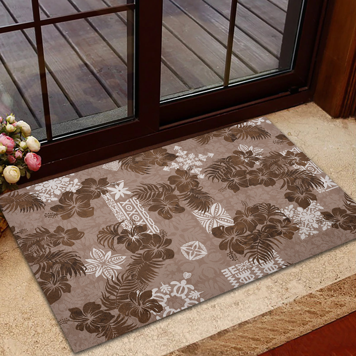 Vintage Hawaii Rubber Doormat Hibiscus Mix Hawaiian Quilt Patches - Brown LT7 - Polynesian Pride
