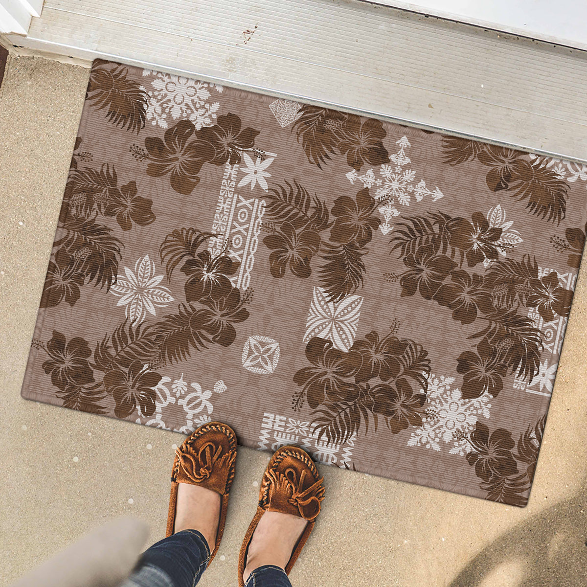 Vintage Hawaii Rubber Doormat Hibiscus Mix Hawaiian Quilt Patches - Brown LT7 - Polynesian Pride