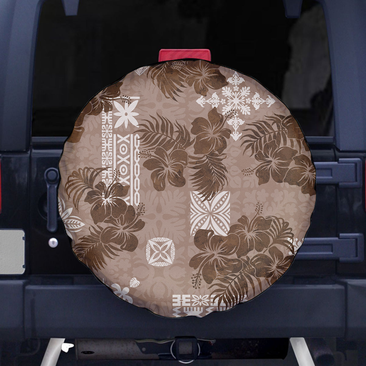 Vintage Hawaii Spare Tire Cover Hibiscus Mix Hawaiian Quilt Patches - Brown LT7 Brown - Polynesian Pride