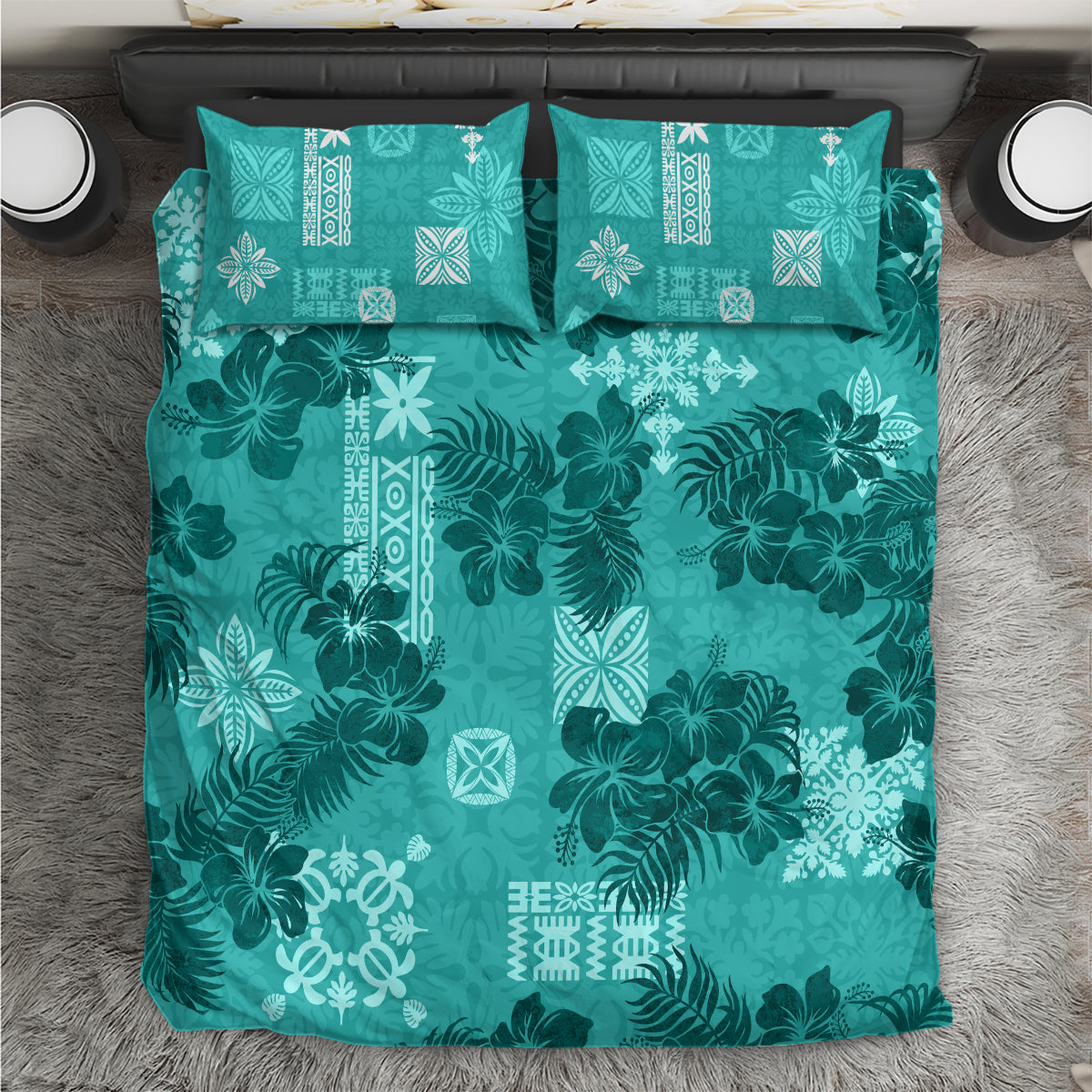 Vintage Hawaii Bedding Set Hibiscus Mix Hawaiian Quilt Patches - Teal LT7 Teal - Polynesian Pride