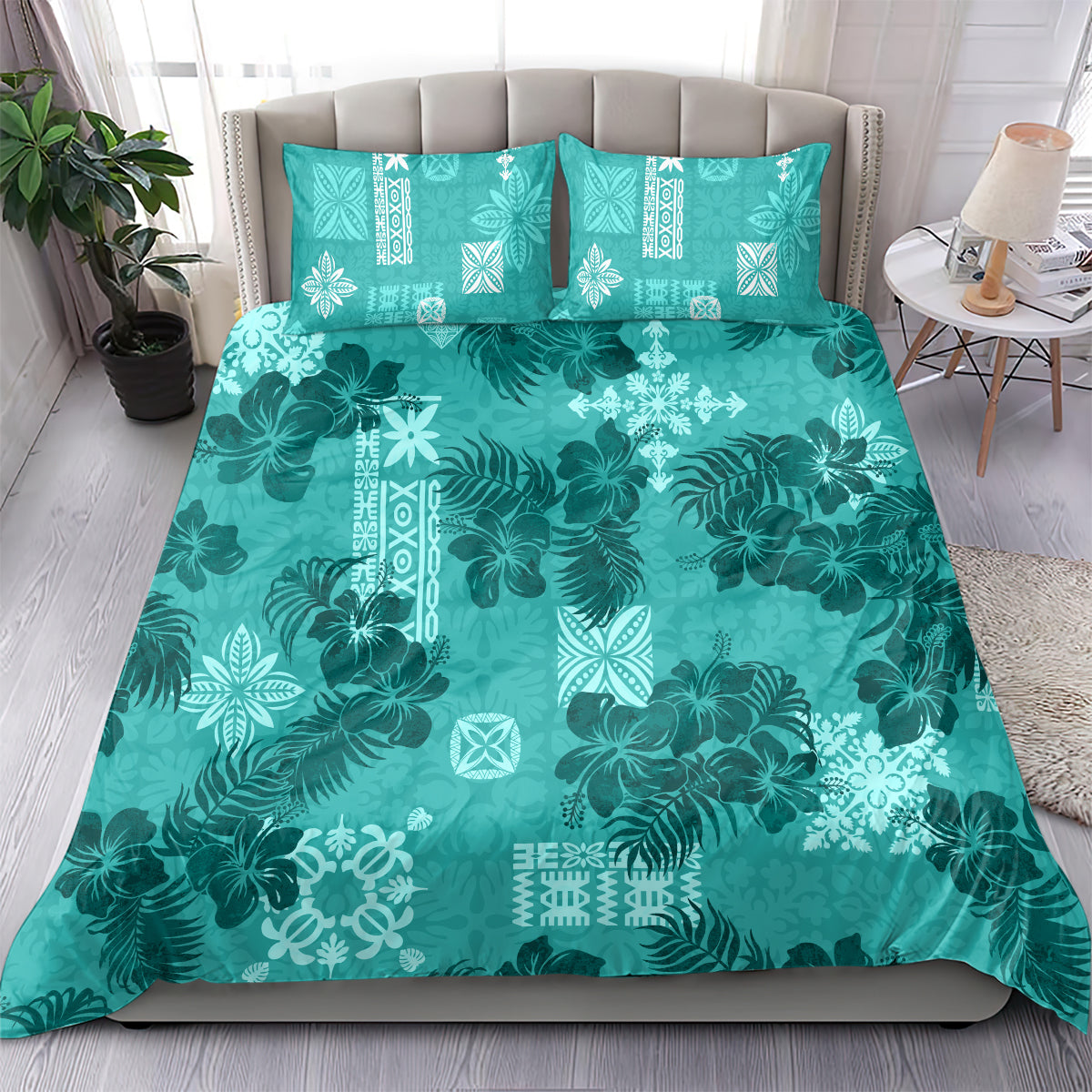 Vintage Hawaii Bedding Set Hibiscus Mix Hawaiian Quilt Patches - Teal LT7 - Polynesian Pride