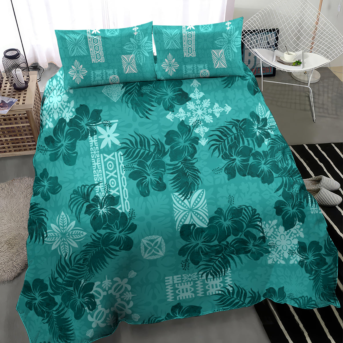 Vintage Hawaii Bedding Set Hibiscus Mix Hawaiian Quilt Patches - Teal LT7 - Polynesian Pride
