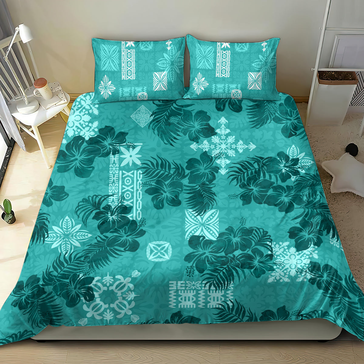 Vintage Hawaii Bedding Set Hibiscus Mix Hawaiian Quilt Patches - Teal LT7 - Polynesian Pride