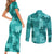 Vintage Hawaii Couples Matching Short Sleeve Bodycon Dress and Long Sleeve Button Shirt Hibiscus Mix Hawaiian Quilt Patches - Teal LT7 - Polynesian Pride