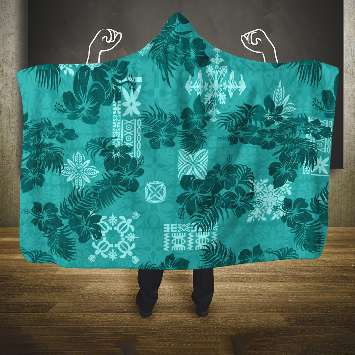 Vintage Hawaii Hooded Blanket Hibiscus Mix Hawaiian Quilt Patches - Teal LT7 One Size Teal - Polynesian Pride