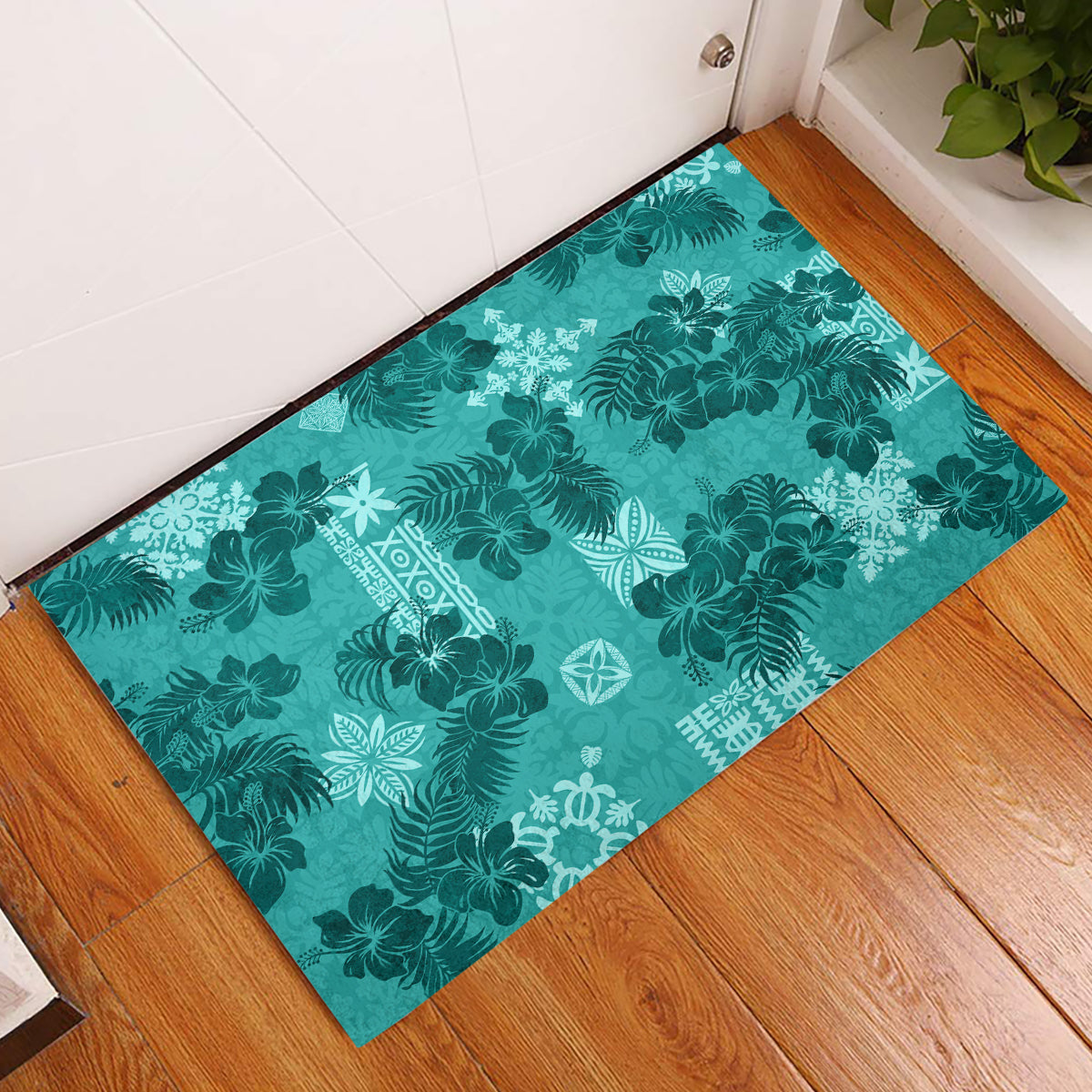 Vintage Hawaii Rubber Doormat Hibiscus Mix Hawaiian Quilt Patches - Teal LT7 Teal - Polynesian Pride