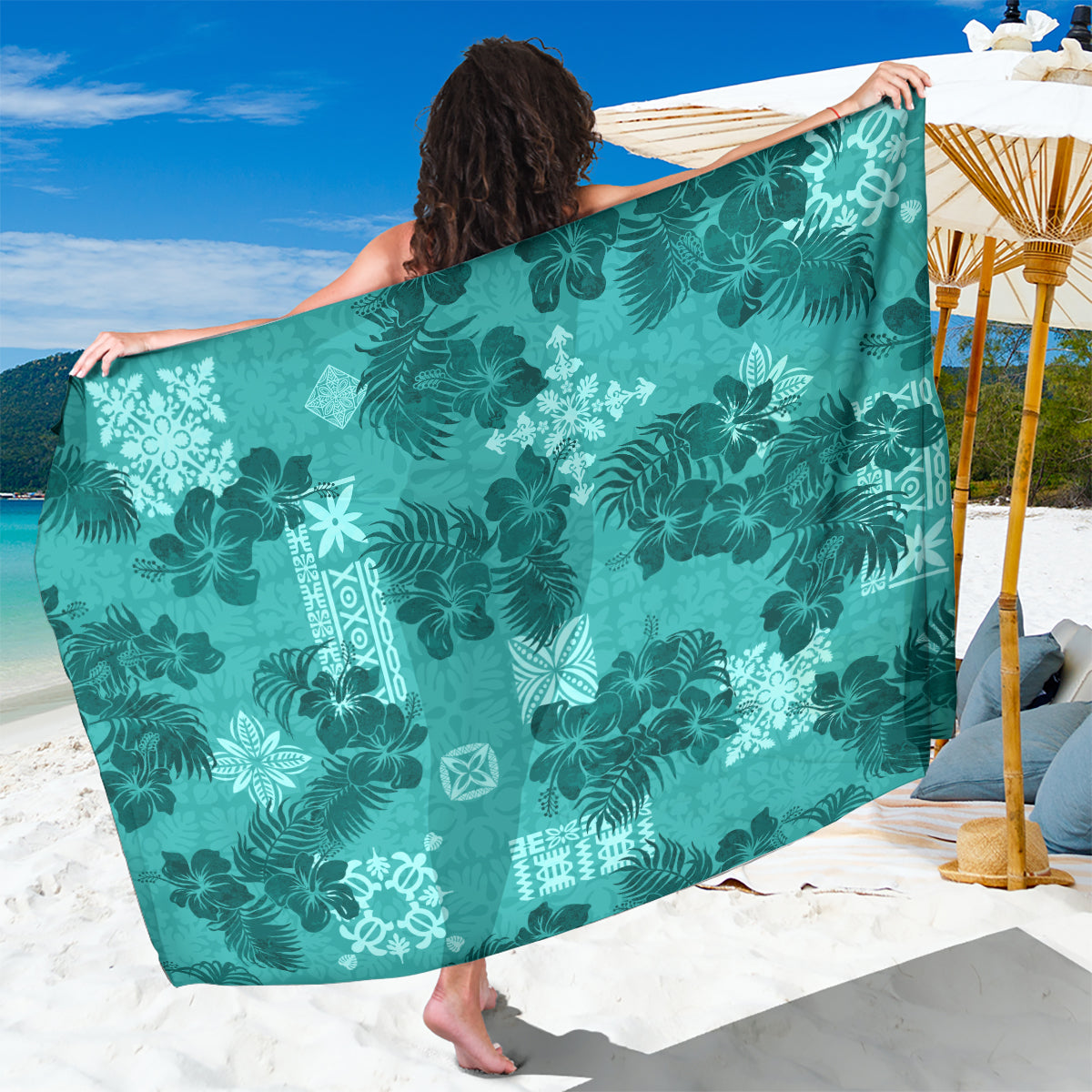 Vintage Hawaii Sarong Hibiscus Mix Hawaiian Quilt Patches - Teal LT7 One Size 44 x 66 inches Teal - Polynesian Pride