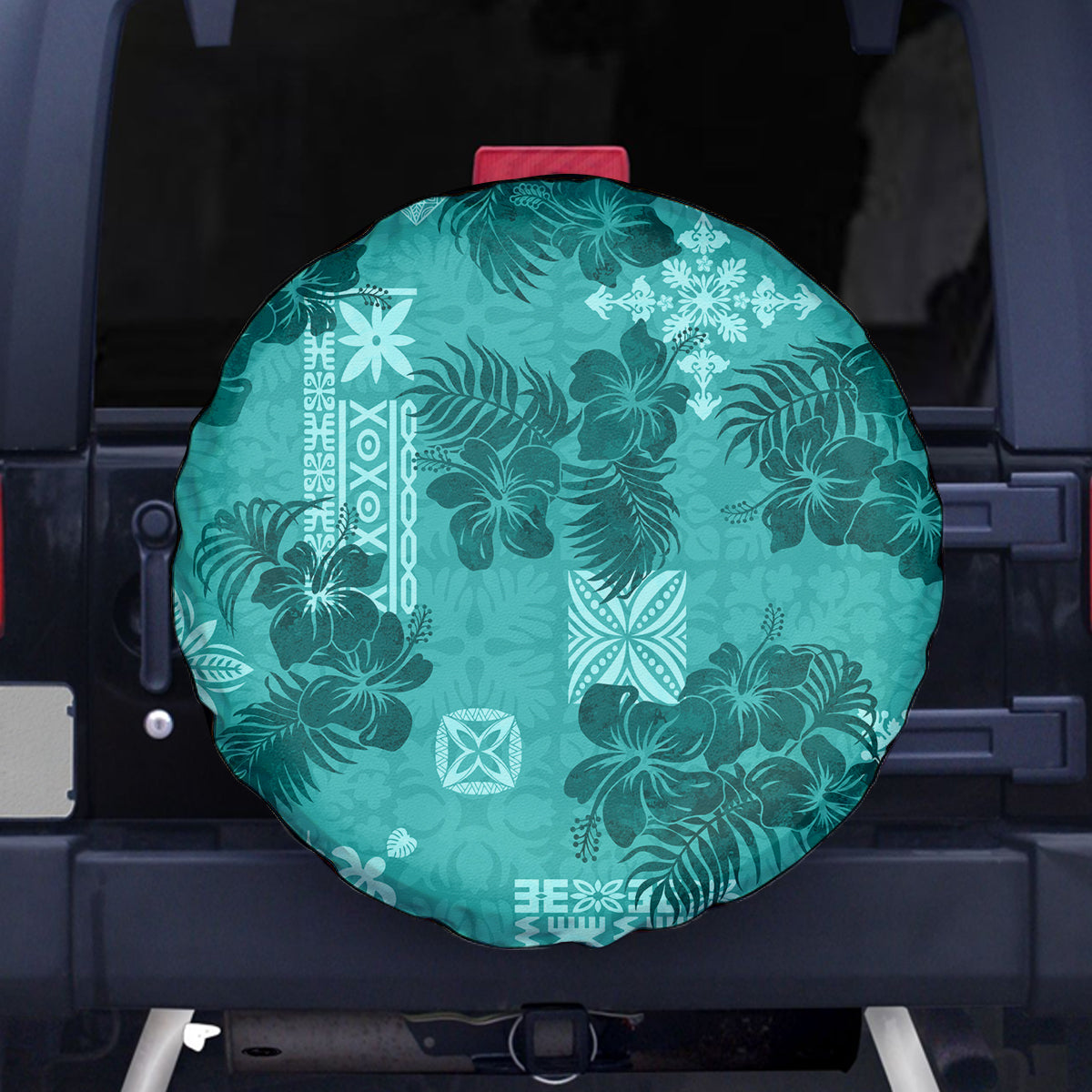 Vintage Hawaii Spare Tire Cover Hibiscus Mix Hawaiian Quilt Patches - Teal LT7 Teal - Polynesian Pride