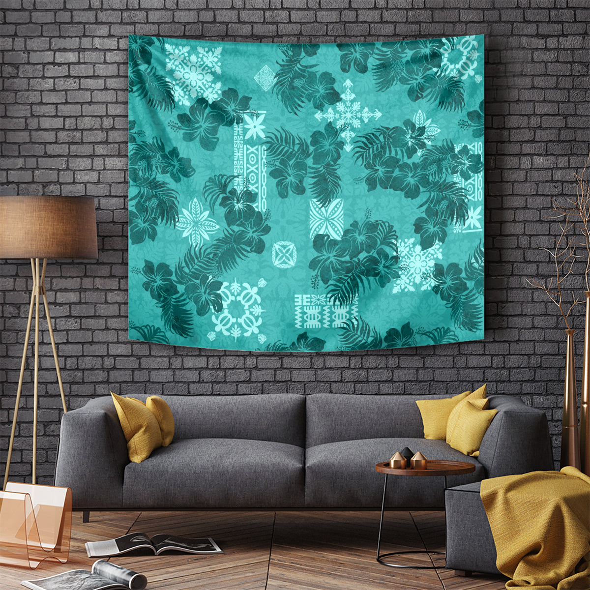 Vintage Hawaii Tapestry Hibiscus Mix Hawaiian Quilt Patches - Teal LT7 Teal - Polynesian Pride