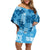 Hawaii Tapa Family Matching Off Shoulder Short Dress and Hawaiian Shirt Hibiscus Mix Hawaiian Quilt Patches - Blue LT7 Mom's Dress Blue - Polynesian Pride