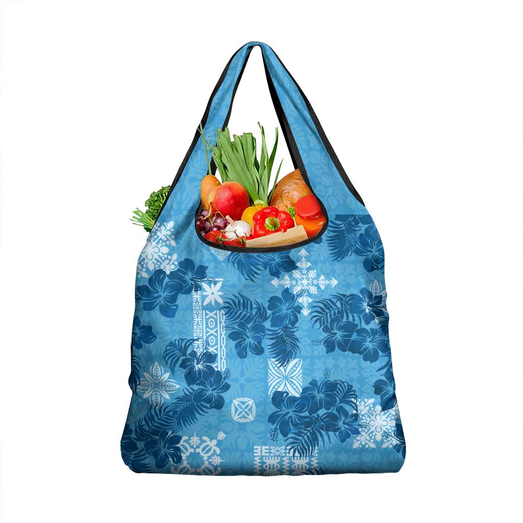 Hawaii Tapa Grocery Bag Hibiscus Mix Hawaiian Quilt Patches - Blue LT7 1-pack One Size Blue - Polynesian Pride