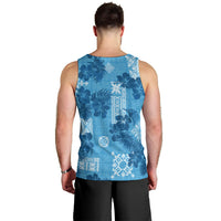 Hawaii Tapa Men Tank Top Hibiscus Mix Hawaiian Quilt Patches - Blue LT7 - Polynesian Pride