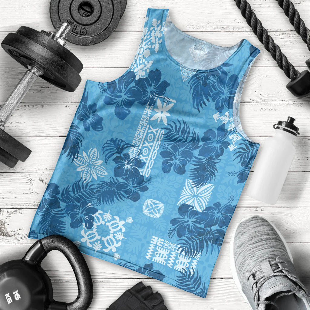 Hawaii Tapa Men Tank Top Hibiscus Mix Hawaiian Quilt Patches - Blue LT7 - Polynesian Pride