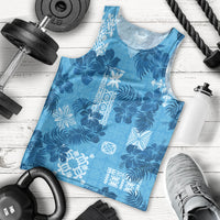Hawaii Tapa Men Tank Top Hibiscus Mix Hawaiian Quilt Patches - Blue LT7 - Polynesian Pride