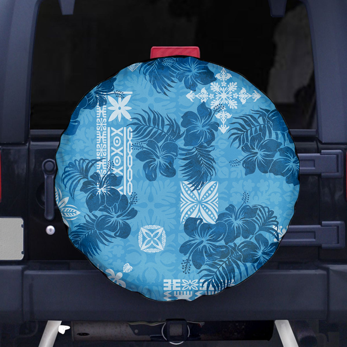 Hawaii Tapa Spare Tire Cover Hibiscus Mix Hawaiian Quilt Patches - Blue LT7 Blue - Polynesian Pride