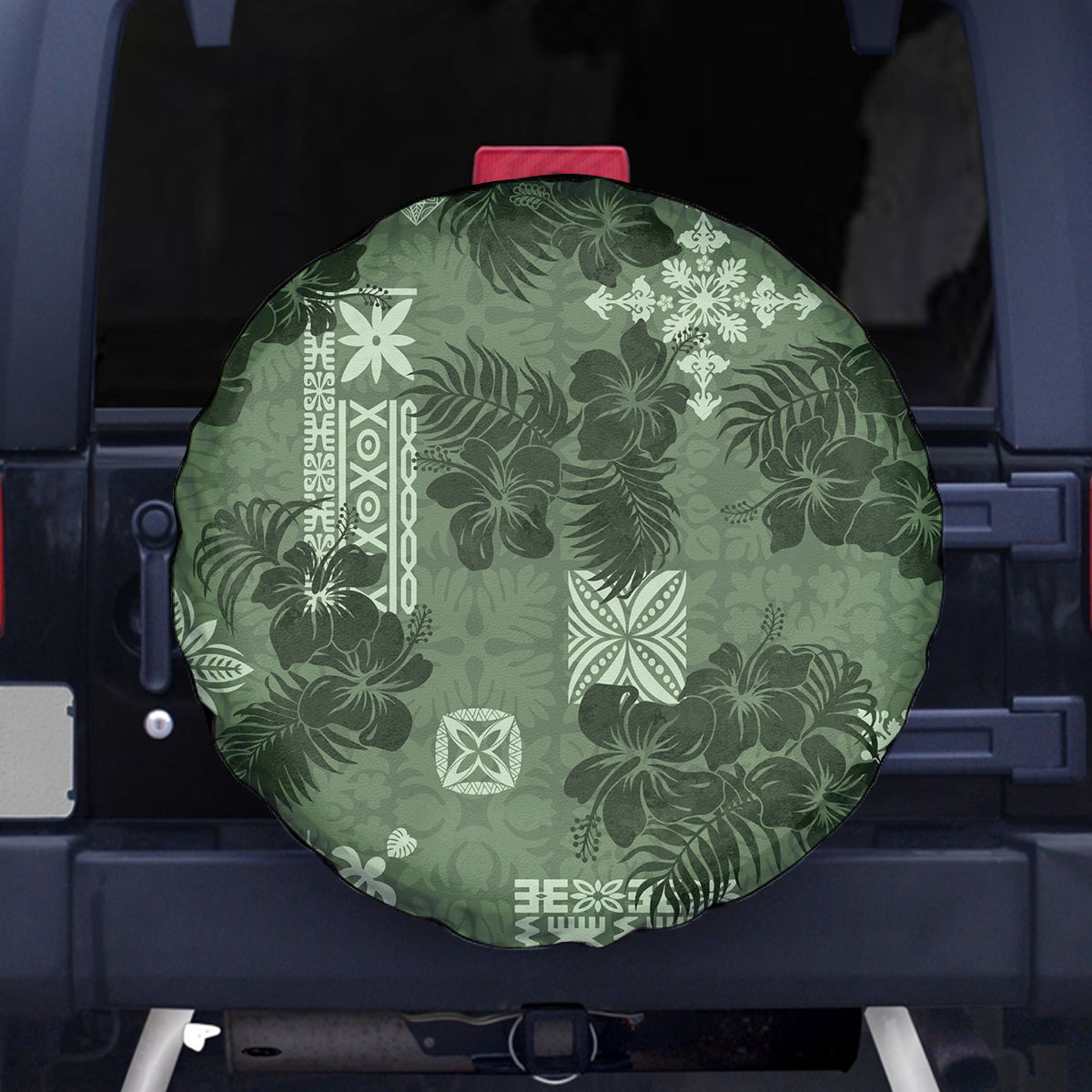 Hawaii Tapa Spare Tire Cover Hibiscus Mix Hawaiian Quilt Patches - Sage Green LT7 Sage Green - Polynesian Pride