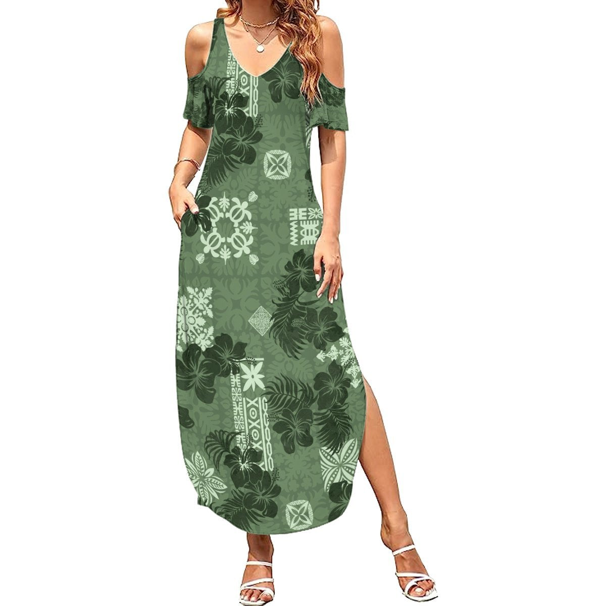 Hawaii Tapa Summer Maxi Dress Hibiscus Mix Hawaiian Quilt Patches - Sage Green LT7 Women Sage Green - Polynesian Pride
