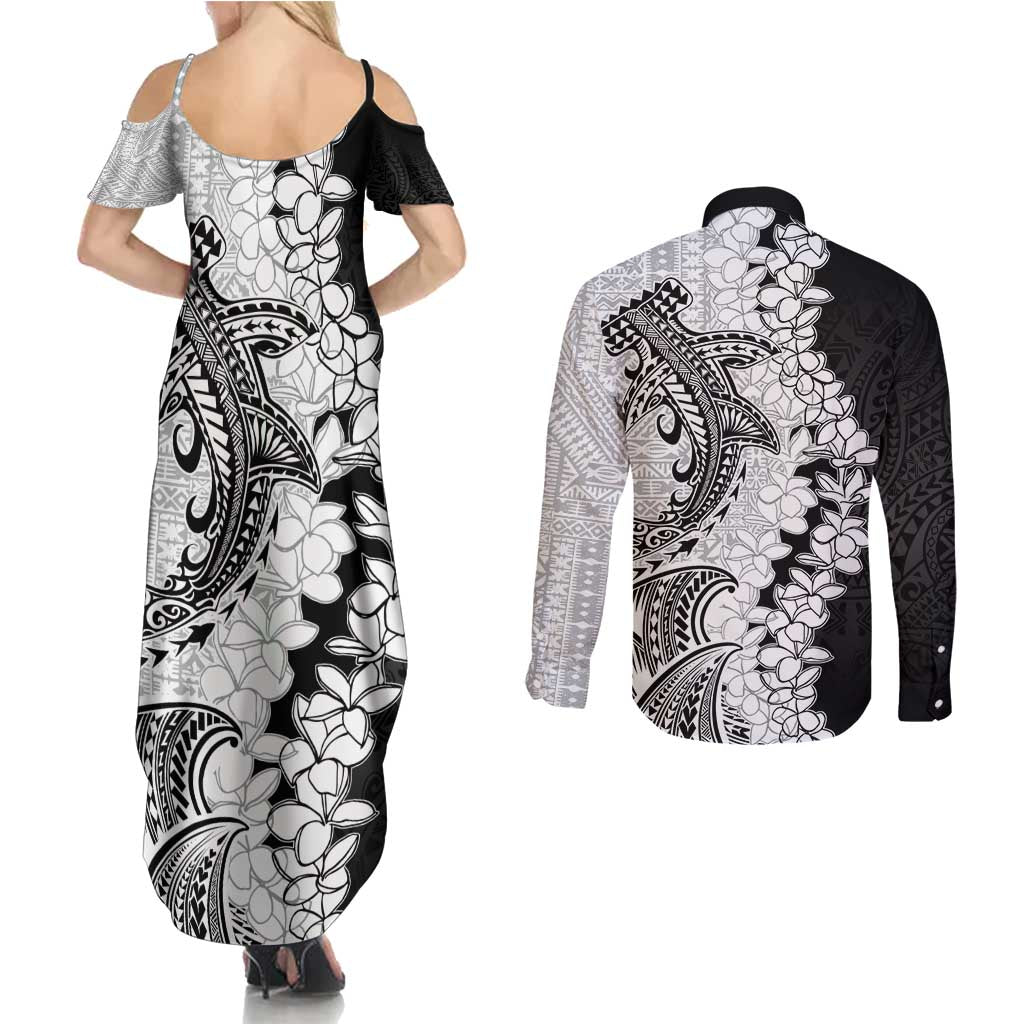 Polynesian Plumeria Lei Couples Matching Summer Maxi Dress and Long Sleeve Button Shirt with Hammerhead Shark LT7 - Polynesian Pride