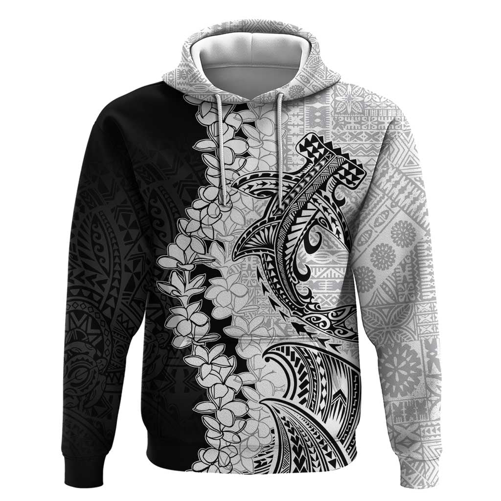 Polynesian Plumeria Lei Hoodie with Hammerhead Shark