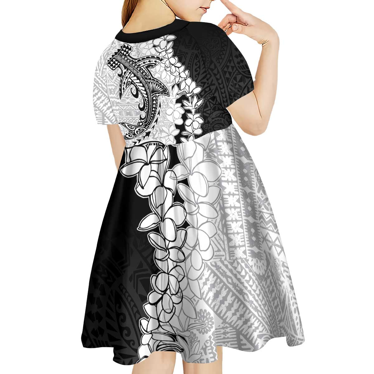 Polynesian Plumeria Lei Kid Short Sleeve Dress with Hammerhead Shark LT7 - Polynesian Pride