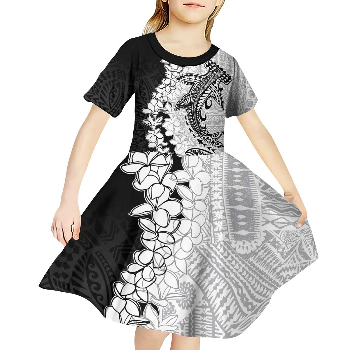 Polynesian Plumeria Lei Kid Short Sleeve Dress with Hammerhead Shark LT7 - Polynesian Pride