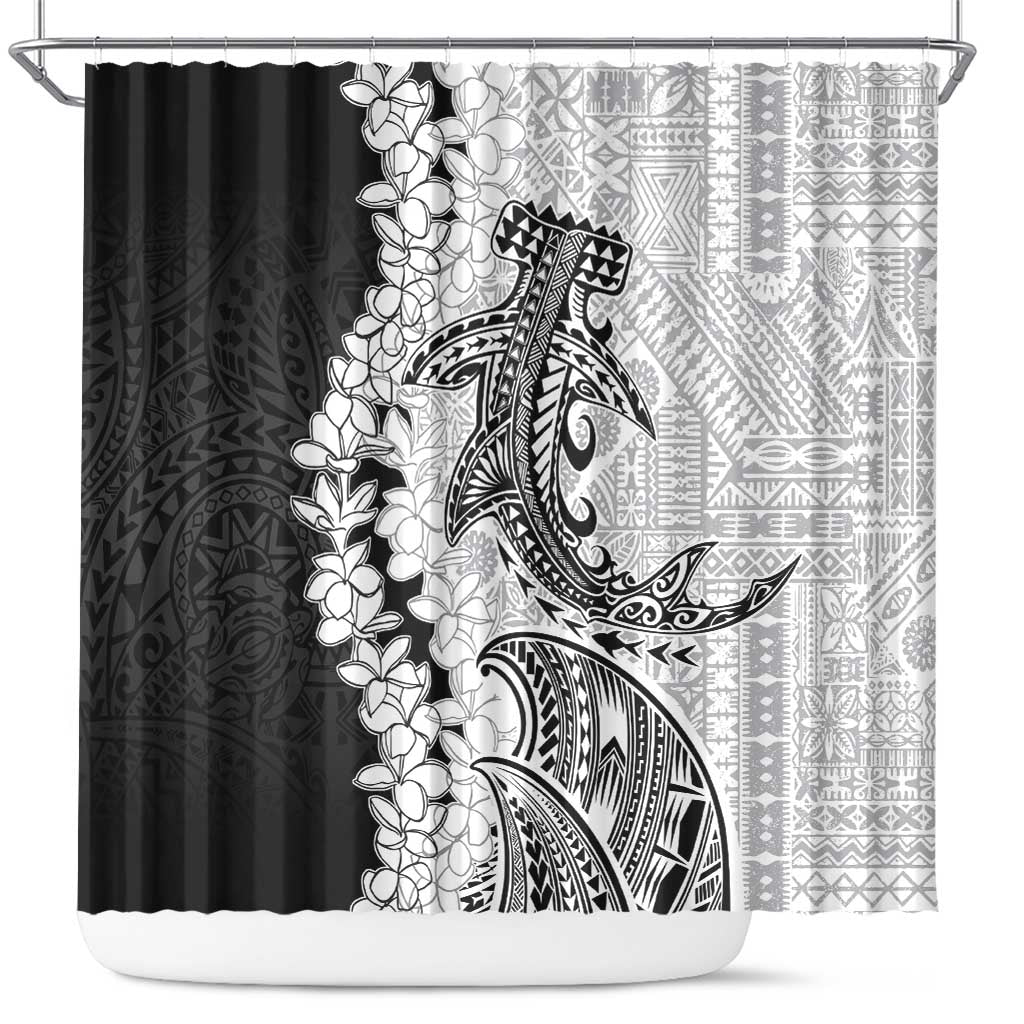 Polynesian Plumeria Lei Shower Curtain with Hammerhead Shark LT7 Black - Polynesian Pride