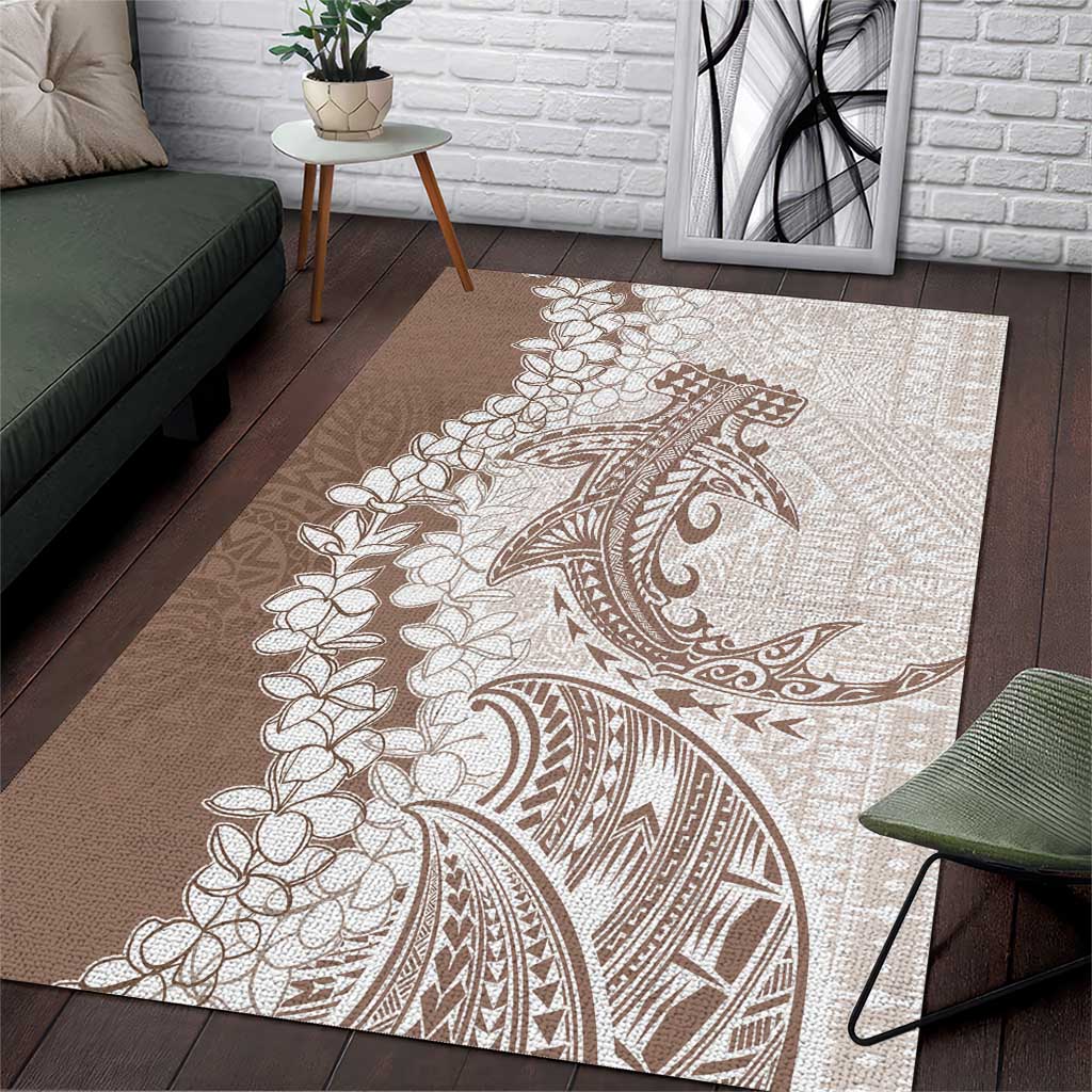 Polynesian Beige Plumeria Lei Area Rug with Hammerhead Shark