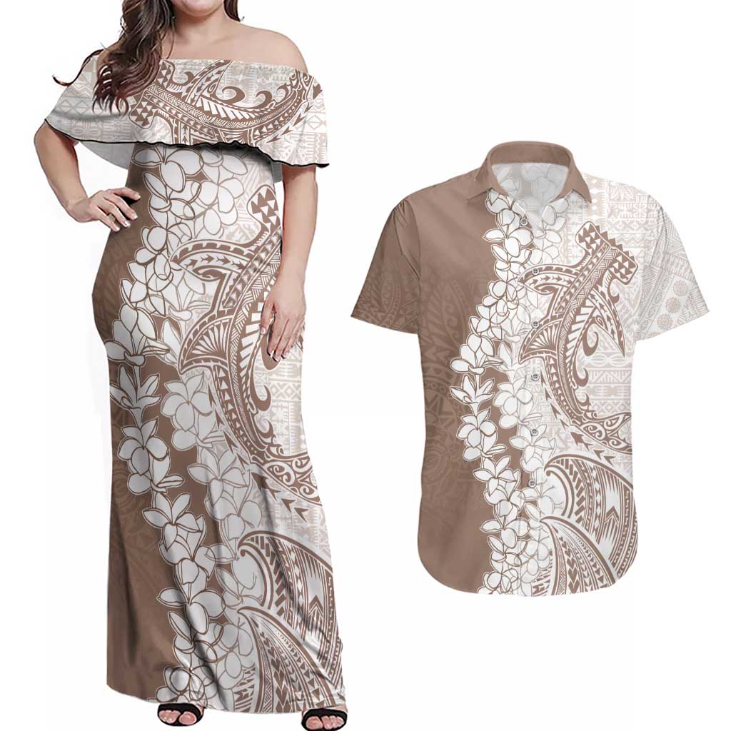 Polynesian Beige Plumeria Lei Couples Matching Off Shoulder Maxi Dress and Hawaiian Shirt with Hammerhead Shark