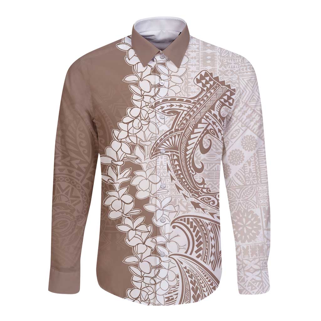 Polynesian Beige Plumeria Lei Long Sleeve Button Shirt with Hammerhead Shark LT7 Unisex Beige - Polynesian Pride