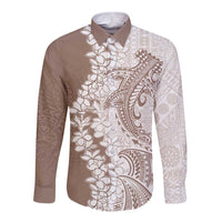 Polynesian Beige Plumeria Lei Long Sleeve Button Shirt with Hammerhead Shark LT7 Unisex Beige - Polynesian Pride