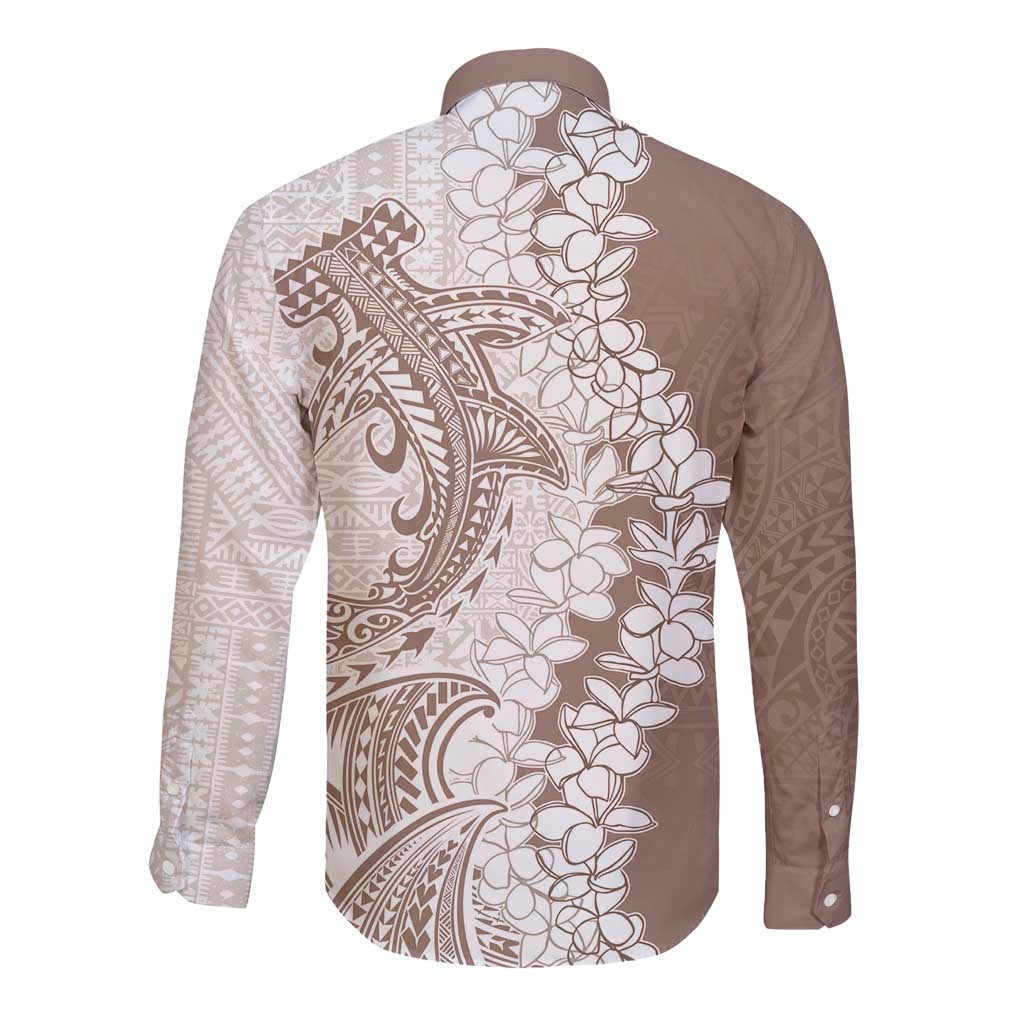 Polynesian Beige Plumeria Lei Long Sleeve Button Shirt with Hammerhead Shark LT7 - Polynesian Pride