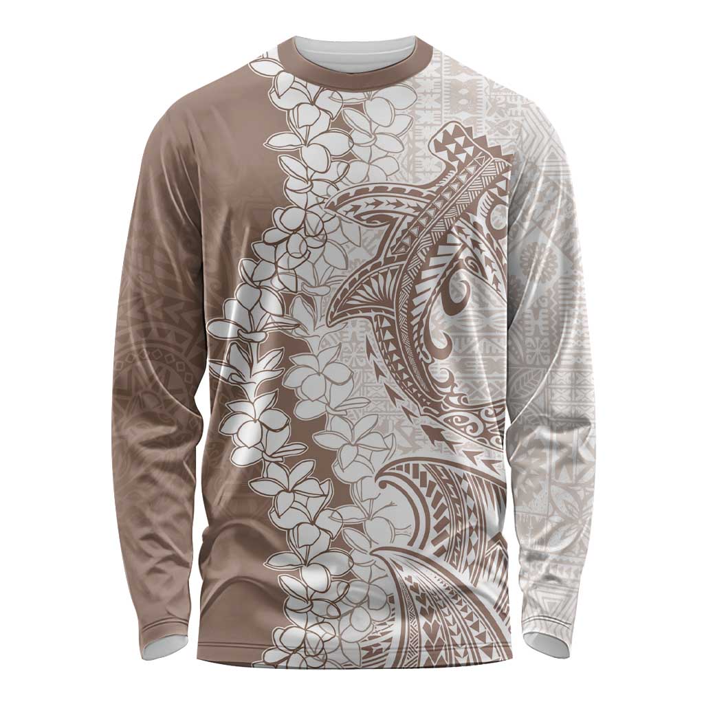 Polynesian Beige Plumeria Lei Long Sleeve Shirt with Hammerhead Shark LT7 Unisex Beige - Polynesian Pride