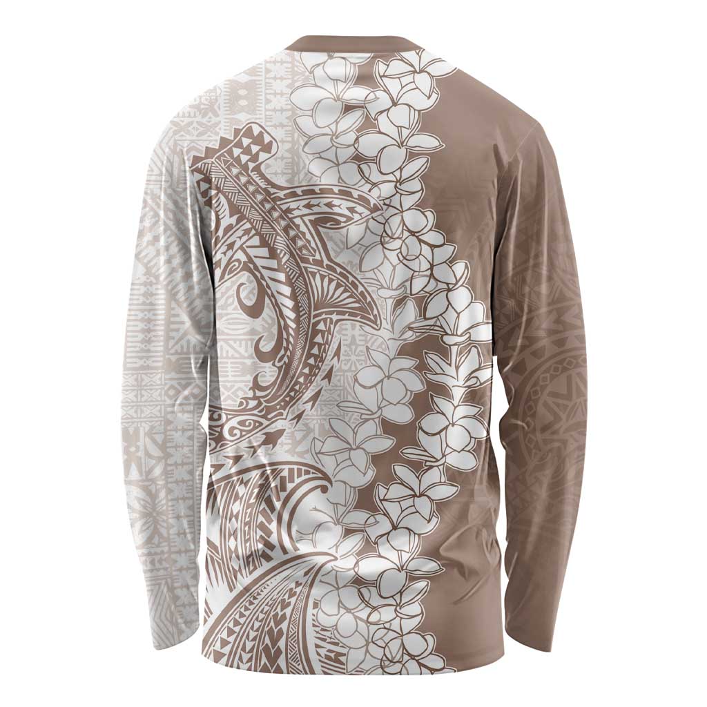 Polynesian Beige Plumeria Lei Long Sleeve Shirt with Hammerhead Shark LT7 - Polynesian Pride