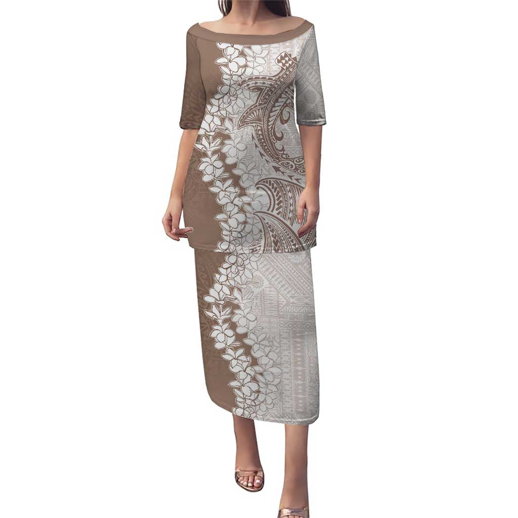 Polynesian Beige Plumeria Lei Puletasi with Hammerhead Shark LT7 Long Dress Beige - Polynesian Pride
