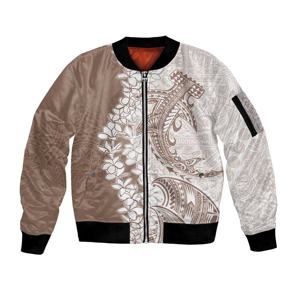 Polynesian Beige Plumeria Lei Sleeve Zip Bomber Jacket with Hammerhead Shark LT7 Unisex Beige - Polynesian Pride
