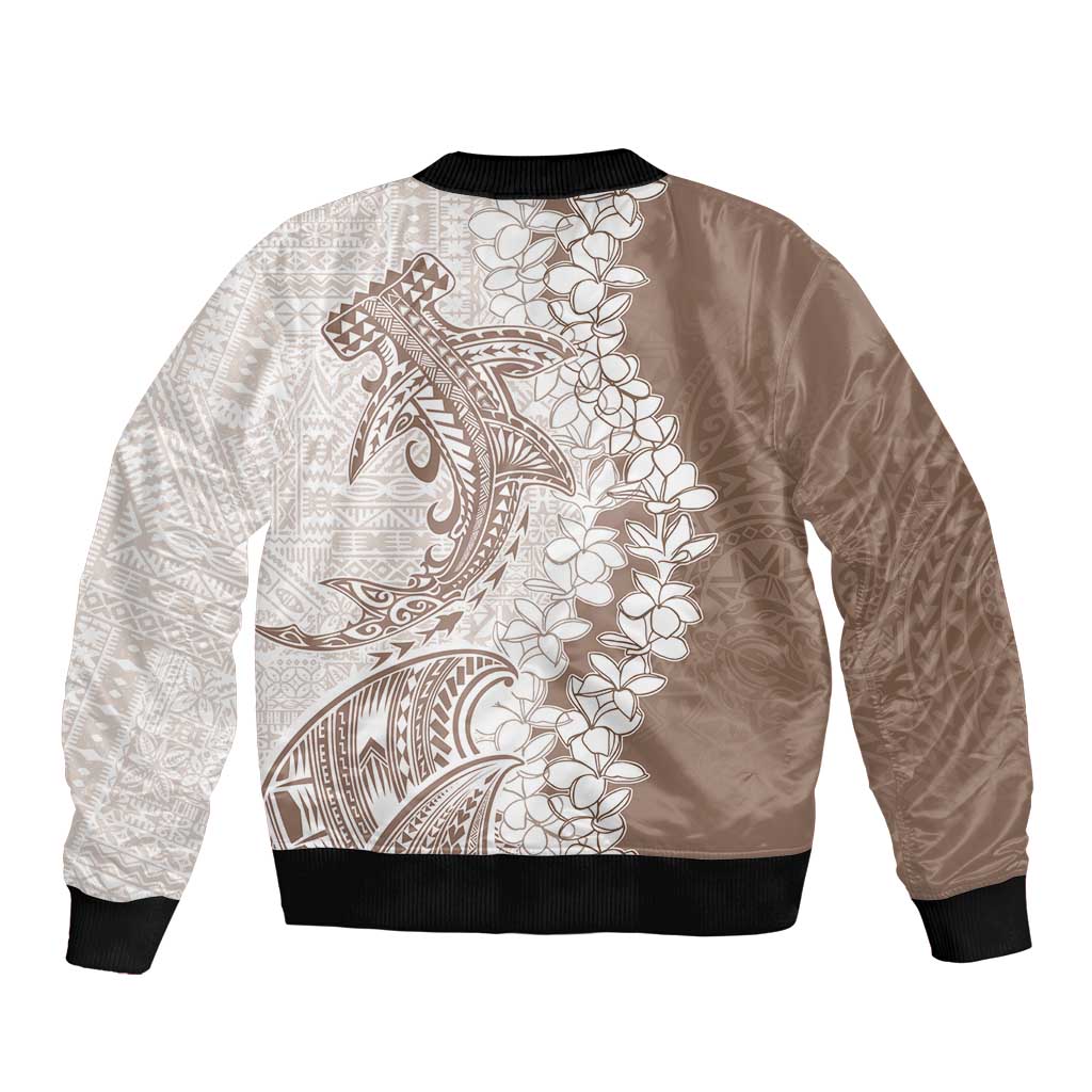 Polynesian Beige Plumeria Lei Sleeve Zip Bomber Jacket with Hammerhead Shark LT7 - Polynesian Pride