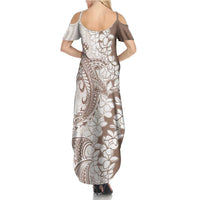 Polynesian Beige Plumeria Lei Summer Maxi Dress with Hammerhead Shark LT7 - Polynesian Pride