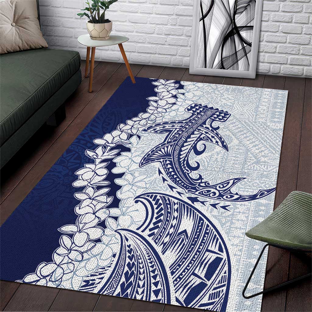 Polynesian Navy Blue Plumeria Lei Area Rug with Hammerhead Shark