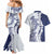 Polynesian Navy Blue Plumeria Lei Couples Matching Mermaid Dress and Hawaiian Shirt with Hammerhead Shark