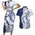 Polynesian Navy Blue Plumeria Lei Couples Matching Short Sleeve Bodycon Dress and Hawaiian Shirt with Hammerhead Shark