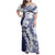 Polynesian Navy Blue Plumeria Lei Family Matching Off Shoulder Maxi Dress and Hawaiian Shirt with Hammerhead Shark