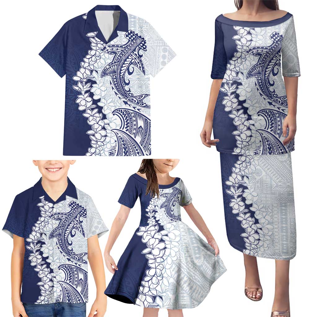 Polynesian Navy Blue Plumeria Lei Family Matching Puletasi and Hawaiian Shirt with Hammerhead Shark