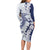 Polynesian Navy Blue Plumeria Lei Long Sleeve Bodycon Dress with Hammerhead Shark