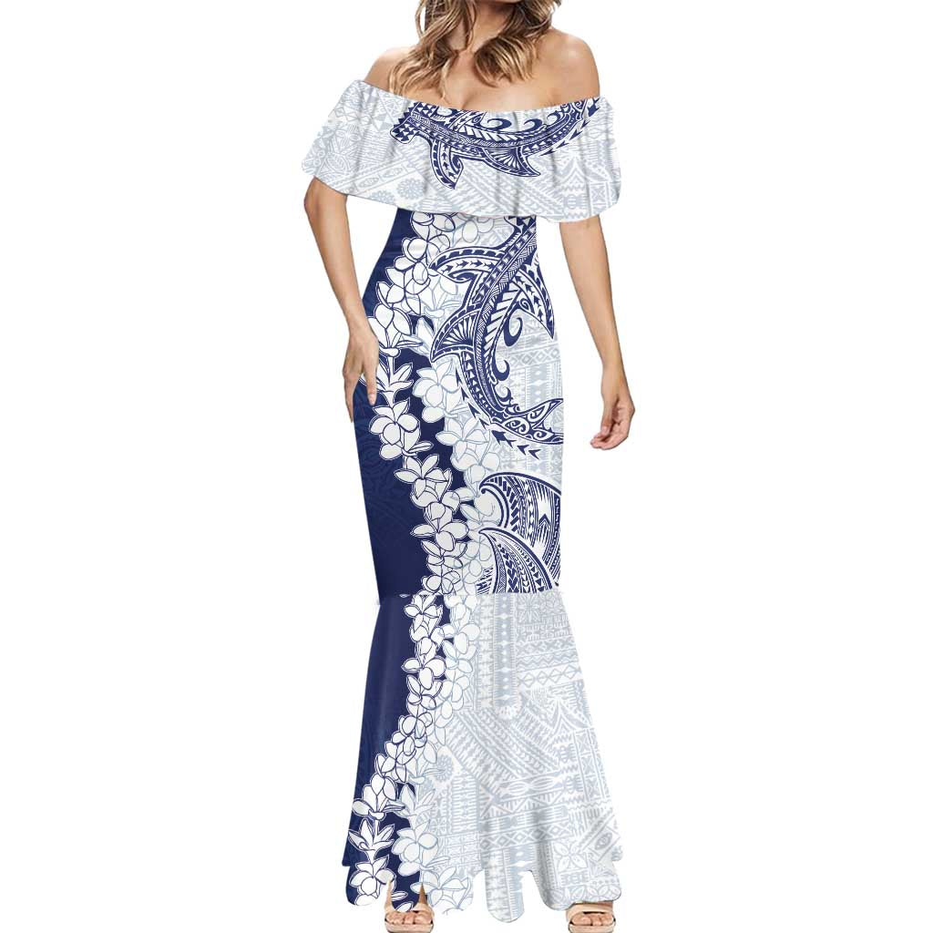 Polynesian Navy Blue Plumeria Lei Mermaid Dress with Hammerhead Shark LT7 - Polynesian Pride