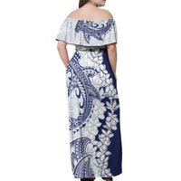 Polynesian Navy Blue Plumeria Lei Off Shoulder Maxi Dress with Hammerhead Shark LT7 - Polynesian Pride