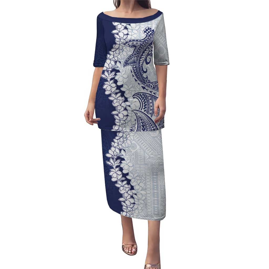 Polynesian Navy Blue Plumeria Lei Puletasi with Hammerhead Shark LT7 Long Dress Navy Blue - Polynesian Pride