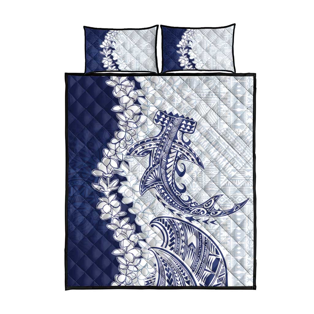 Polynesian Navy Blue Plumeria Lei Quilt Bed Set with Hammerhead Shark LT7 - Polynesian Pride